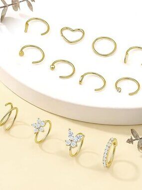 12PCS Nose Ring Hoop Set 14K Gold | 20G Stainless Steel  Heart Butterfly Earring